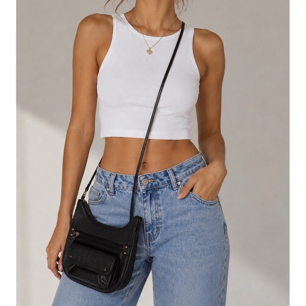 Stone Mountain Y2K Vintage Womens Black Leather Crossbody Shoulder Bag Purse